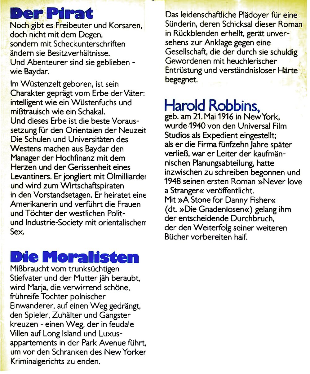 2 Romane von Harold Robbins in einem Buch : Der Pirat / Die Moralisten