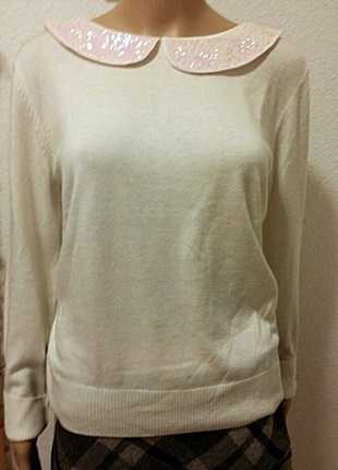 Süsse Pulli in weiß mit Pailletten Kragen / H&M