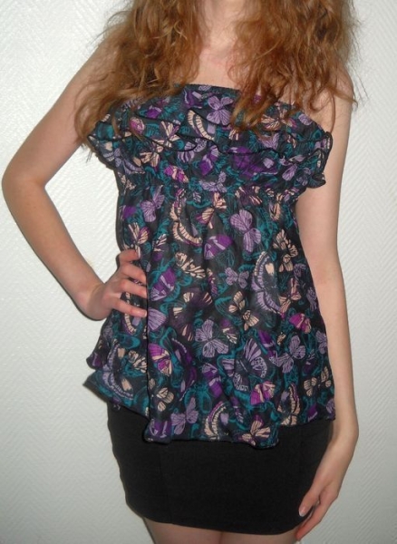 H&M Bandeau Top Tunika Bluse mit Schmetterlingen und Volant Neu 36 38 40 S M L