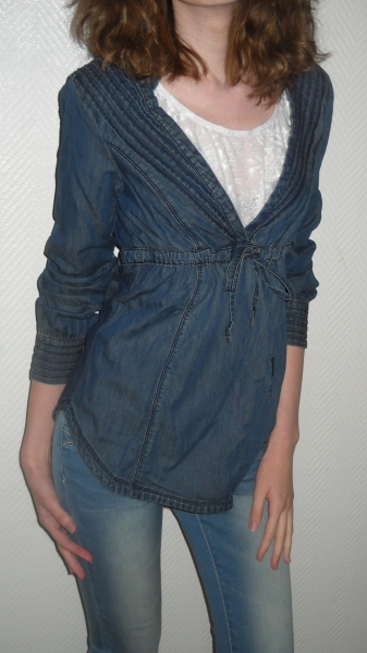 ONLY Jeanshemd Tunika Bluse blau jeansblau dunkel Langarm Biesen 34 36 XS S M