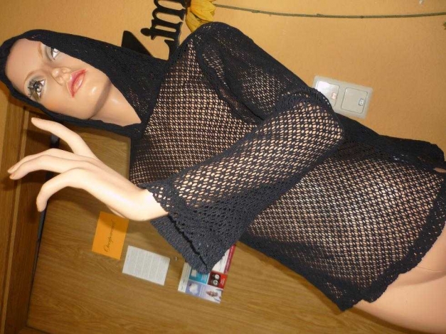 Netz Shirt mit Kaputze und Trompetenärmel * 36 38 * schwarz * baumwolle