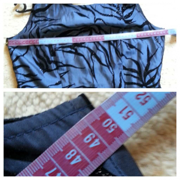 Dunkelblaues bodenlanges Abendkleid mit leicht ausgestelltem Rockteil und schwarzer Samtmusterung + kurzärmeligem Bolerojäckchen Gr. 42/M