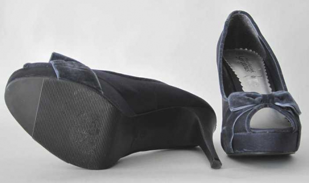 blaugraue Satin Highheels Peeptoes mit Samtschleifchen Gr. 41