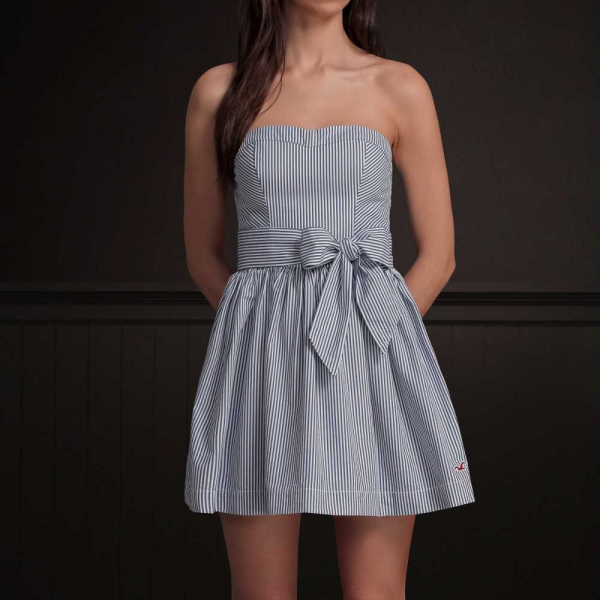 Hollister by Abercrombie and Fitch Bandeau Schulterfrei Kleid Blau Weiß gestreift L / Hollister 