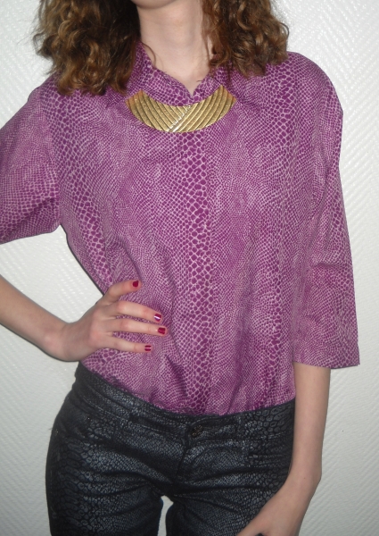 Bluse Tunika Schlange Snake Snakeskin lila weiß Reptil 3/4 Arm Vintage 34 36 38 XS S M Oversized