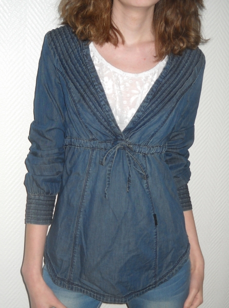 ONLY Jeanshemd Tunika Bluse blau jeansblau dunkel Langarm Biesen 34 36 XS S M