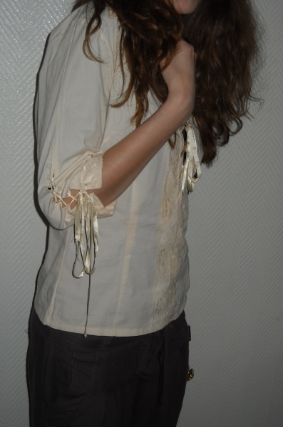 Vintage Shirt Top Tunika Romantik creme weiß Spitze Rüsschen Bluse Oversized XS S M 34 36 38
