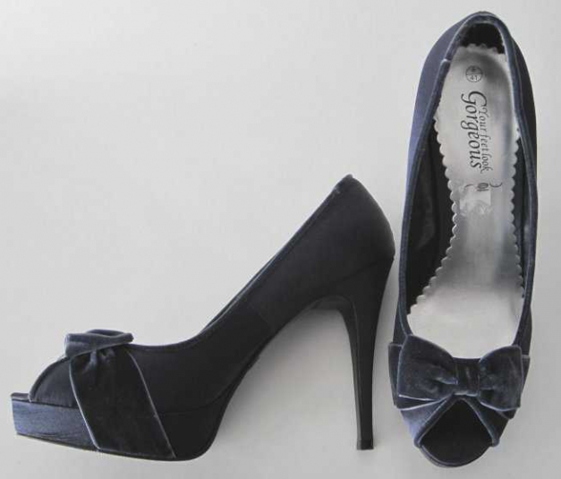 blaugraue Satin Highheels Peeptoes mit Samtschleifchen Gr. 41