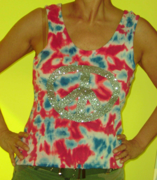 Ausgefallenes Batik Top mit Glitzer Peace Zeichen aus den USA Gr. L