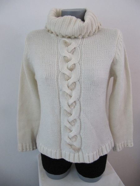 VINTAGE PULLI WOLLWEISS CREME GROBSTRICK ZOPF MIT FELL ROLLI 