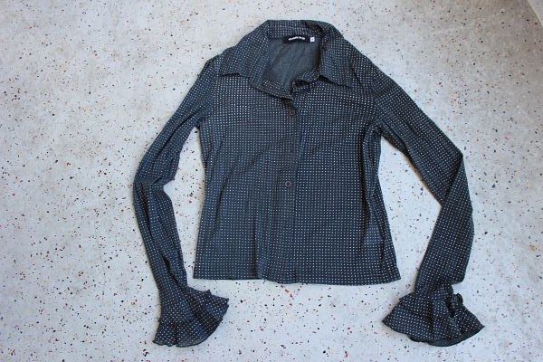 ONLY Vintage 90s Volant Bluse Silber Dots semi-transparent grau