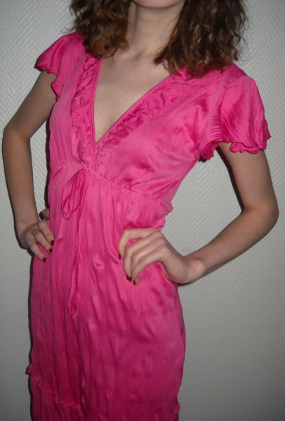Colour Blocking Party Cocktail Abend Kleid h m dunkel pink Rüschen Puffärmel 34 36 XS S