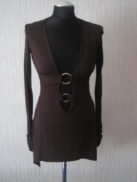 AMISU NEW YORKER Partyoberteil Minikleid Kleidchen Kleid Longshirt Tunika XS 34 36 BRAUN