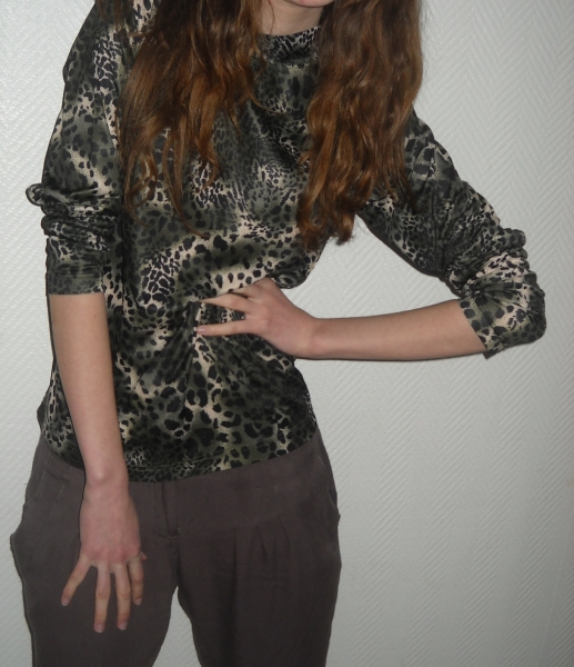 Sexy Leopard Pullover Pulli Leo Rolli Shirt Top creme grün XS S M 36 38 Oversized Vintage Tiger