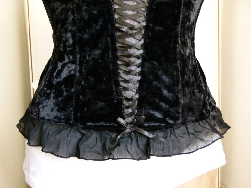 Samt Corsage Korsett, schwarz. mit Zierschnürung & Mesh Rüschen, NEU, Gothic Mori Romantik Boho Festival Goa Festlich Velvet