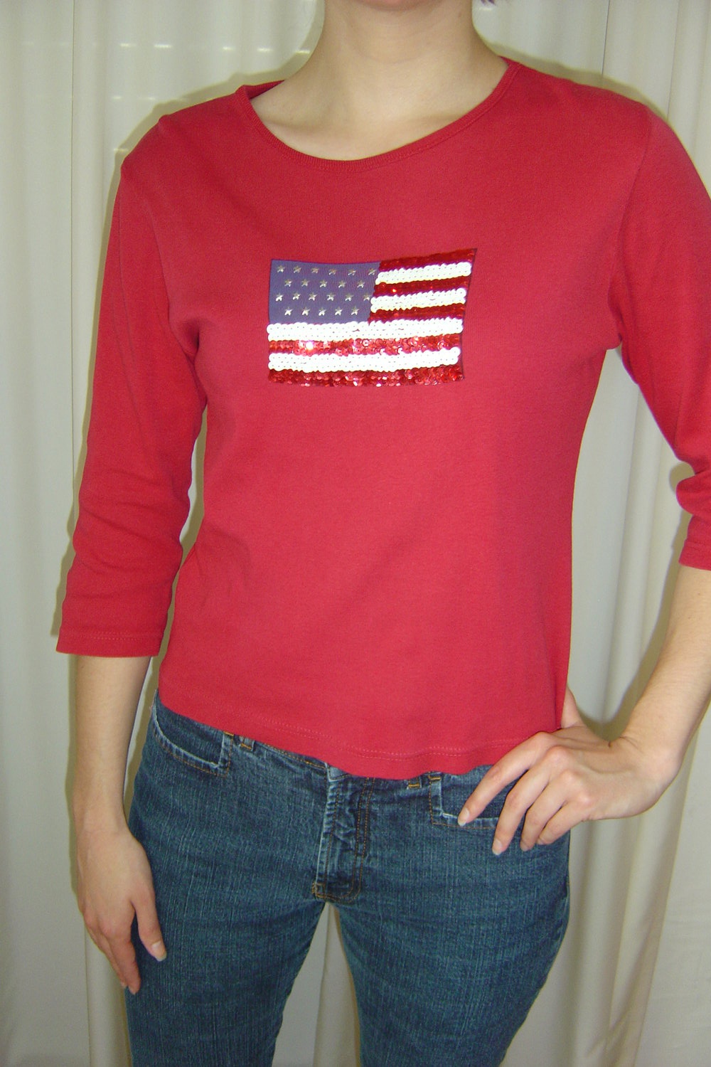 Rotes American Flag Shirt mit Pailletten 3/4-ärmlig