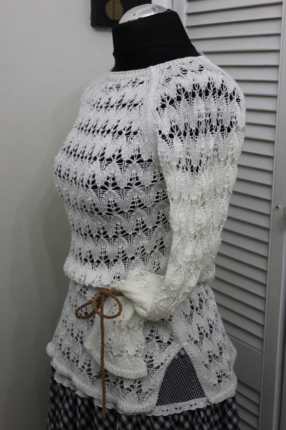 Strickpulli shabby Weiß Lochmuster XS 32 34 Pullover Lace