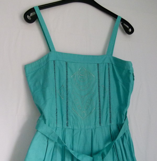 Vintage Sommer Kleid, türkisgrün mint, mit Applikation, Boho Retro Hippie Goa Festival Strand Elfen Cottagecore