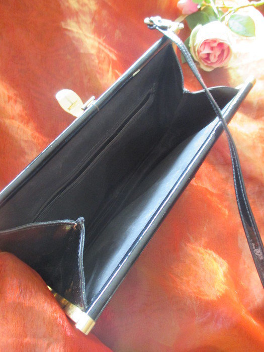 Original VINTAGE Lack- Echt- Leder Abend Clutch Hand- Tasche schwarz- gold