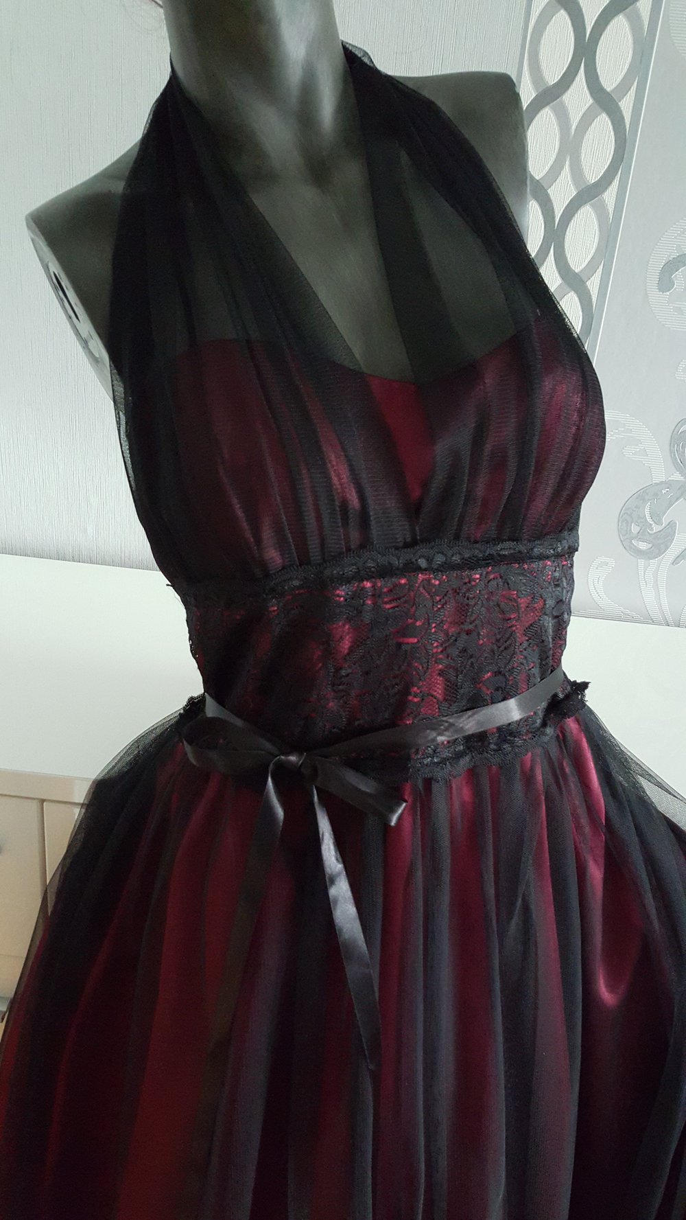 Kleid Abendkleid Ballkleid 42 XL Tüll Weinrot Schwarz Neu