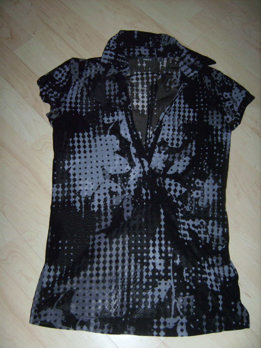 Tunika Mexx, Bluse, Hemdbluse, Gr. 38, Tunika Stretch  Oberteil Transparent  Shades of grey Shirt, InPrint Retro Mustermixprint