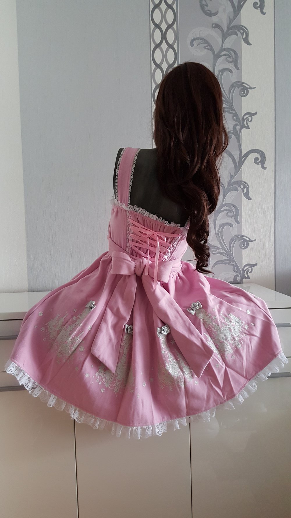 Chandelier Winter Herbst Lolita Cosplay Rosa Weiß Jäckchen Perlen Schleifen Rüschen M 38 evtl S 36
