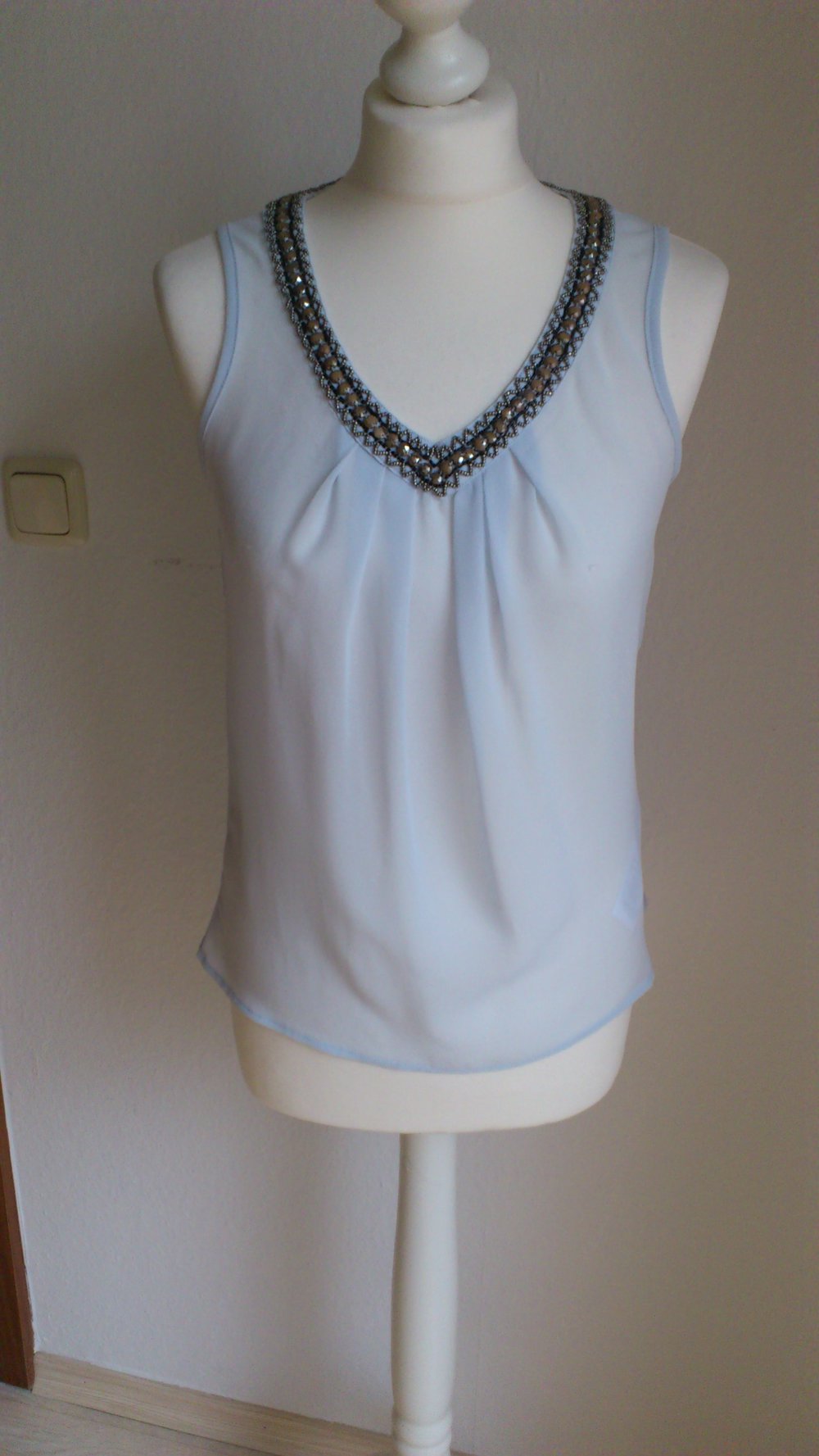 Transparentes, hellblaues Top ONLY, transparent, Größe 34, Perlen, verziert, blau, hellblau
