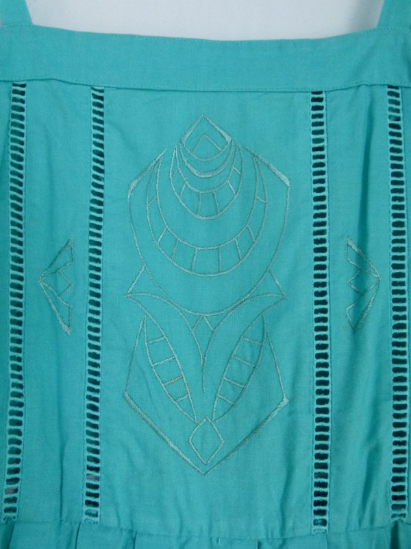 Vintage Sommer Kleid, türkisgrün mint, mit Applikation, Boho Retro Hippie Goa Festival Strand Elfen Cottagecore
