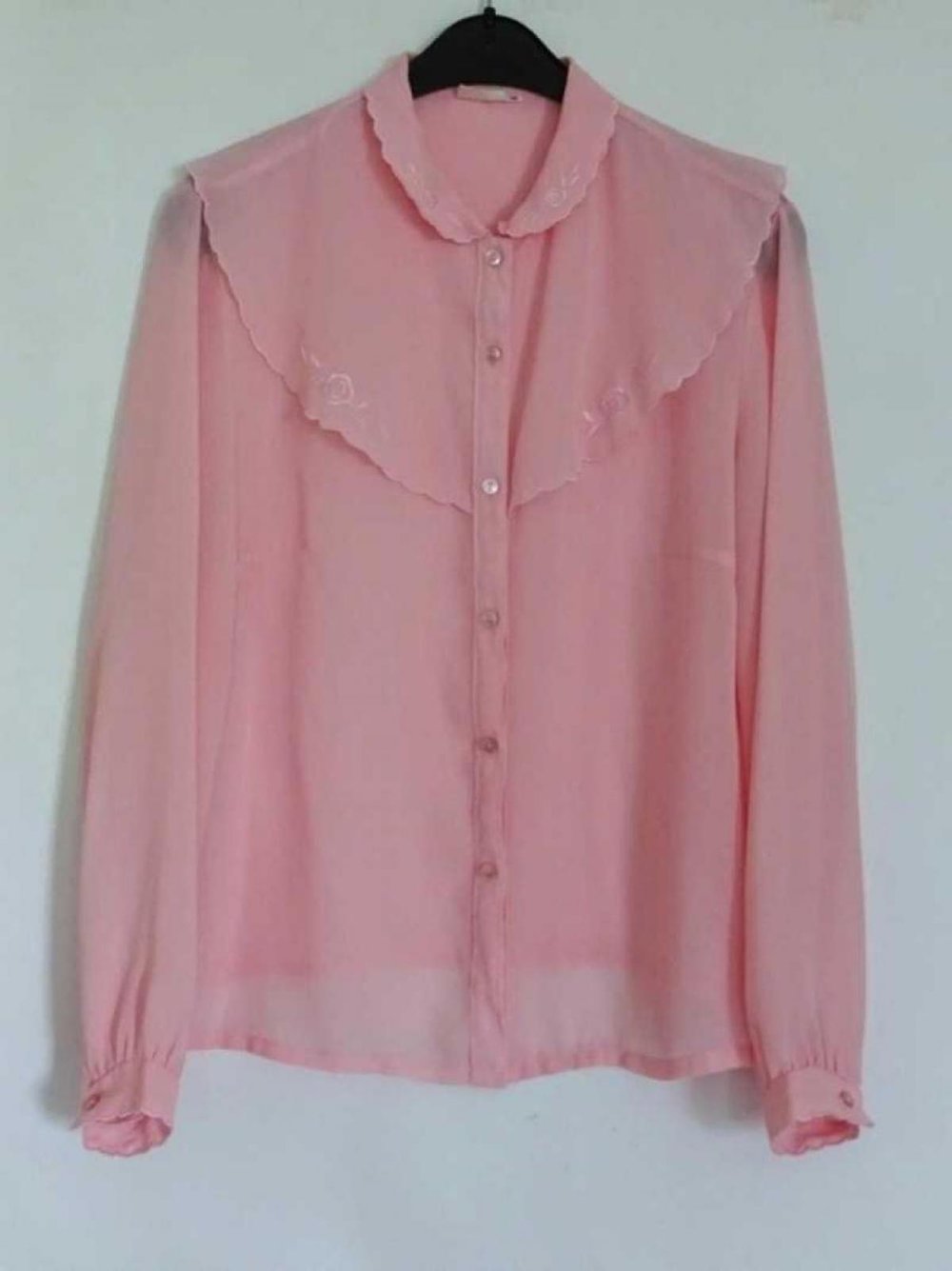 Rosa Vintage Bluse 80er Transparent Bubikragen Gr. M