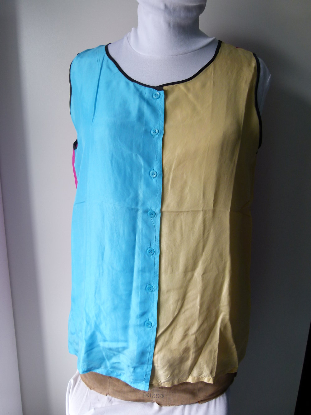 Seiden Blusentop, gelb türkis pink, aus den 80ern, Retro Vintage 80s Boho Festival Goa Hippie Colour Blocking