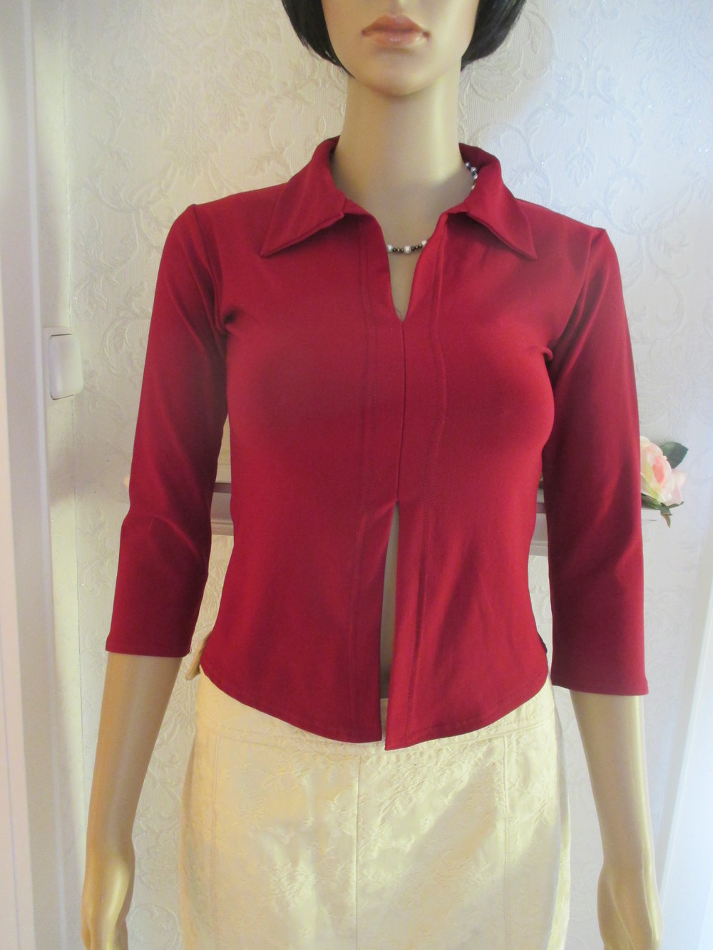 NEU* VINTAGE Seidiges * Bodycon * Dreiviertelarm * Polo * T- Shirt Gr. 34- 36/ XS- S, bordaux dunkel- wein- rot *