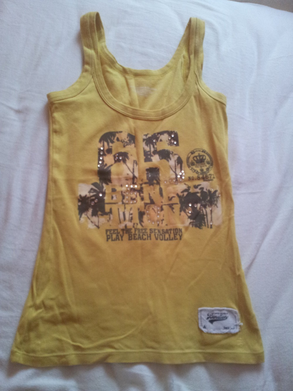  Top Tanktop gelb senf curry Druck Strass Benetton Gr. S 