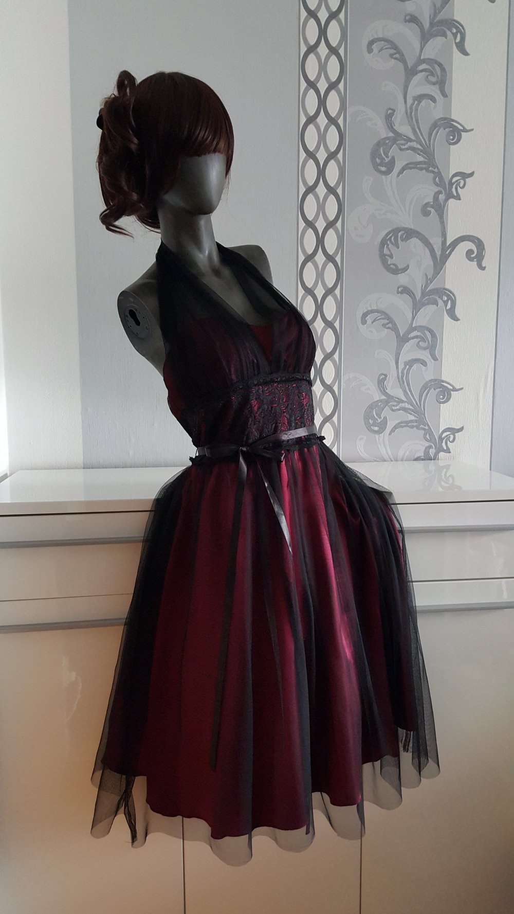 Kleid Abendkleid Ballkleid 42 XL Tüll Weinrot Schwarz Neu
