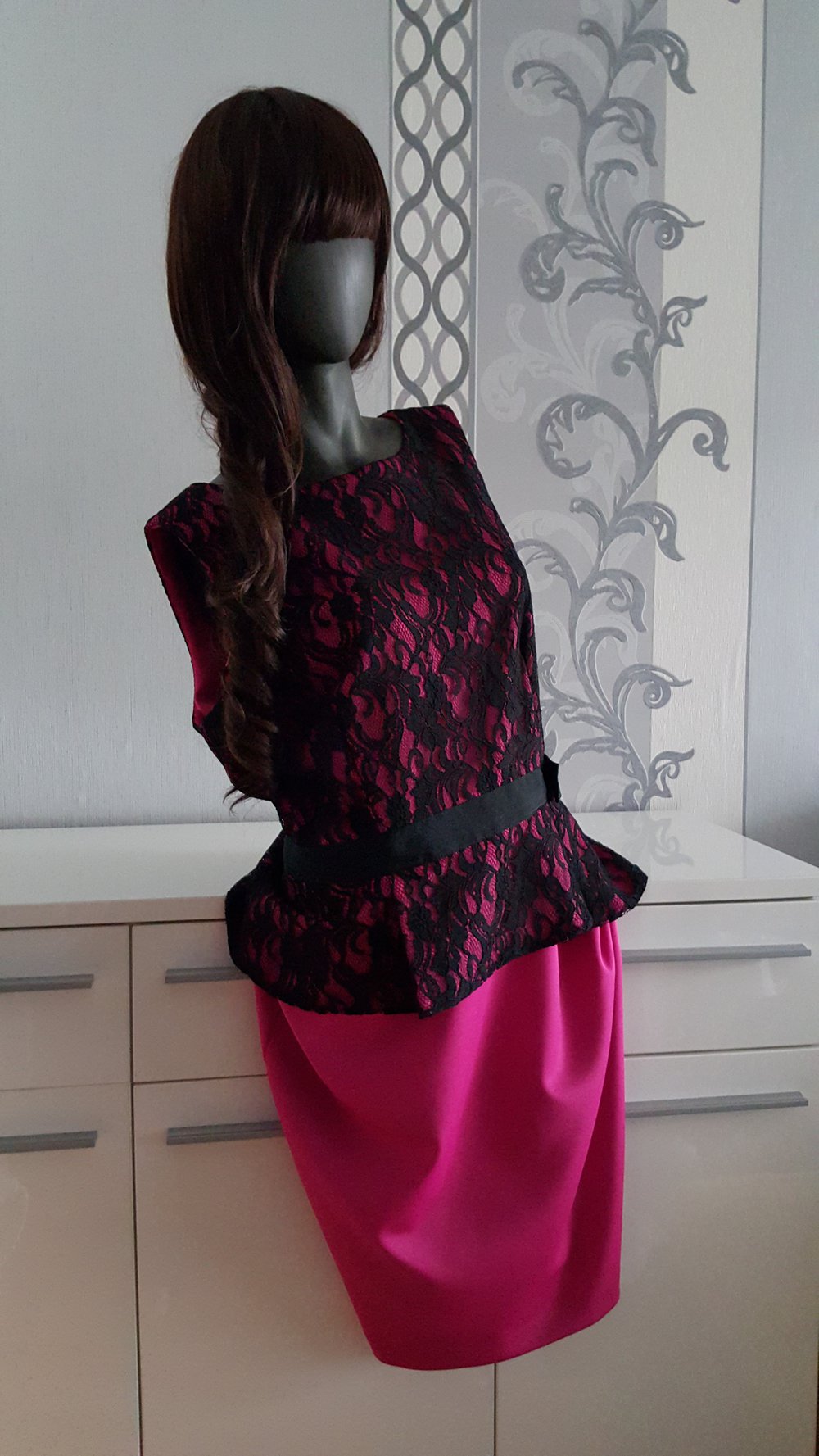 Rosa 50er Pencildress Kleid Spitzen ausgez. 16 42 44 XL Hot Pink