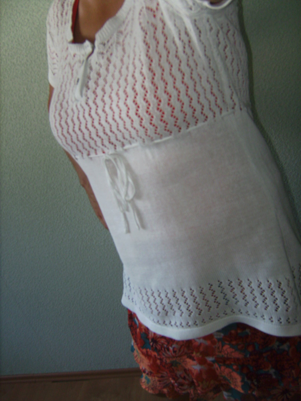 Strick, Pulli, Tunika weiss Gr. 44/46 Kurzarm Longpulli,Lochstrickmuster, Bohemian, Summertime Oberteil Kleiderlänge