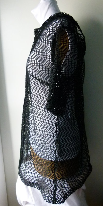 Long Kapuzen Bluse Jacke aus schwarzem Netzstoff, Gothic Boho Mori Emo Metal Alternative Grunge Lagenlook