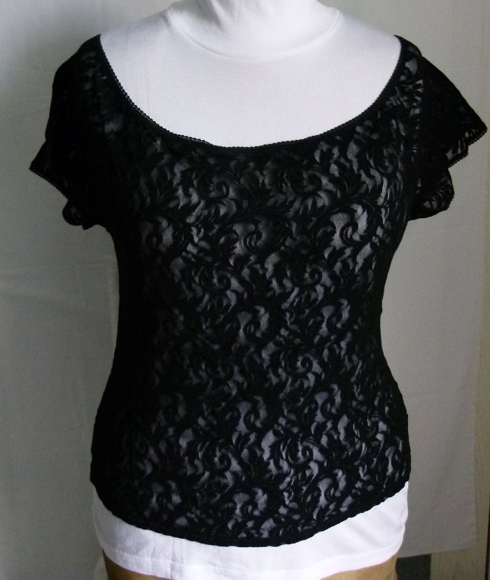 Spitzen Shirt mit Carmen Ausschnitt, schwarz, Rankenmuster, Stretch, Gothic Mori Boho Hippie Festival Goa Sommer Festlich