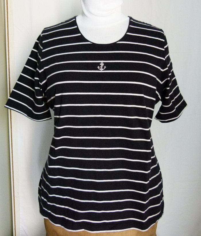 Maritimes Stretch Shirt, dunkelblau weiß gestreift, mit Strass-Anker, Sommer Urlaub Strand Festival
