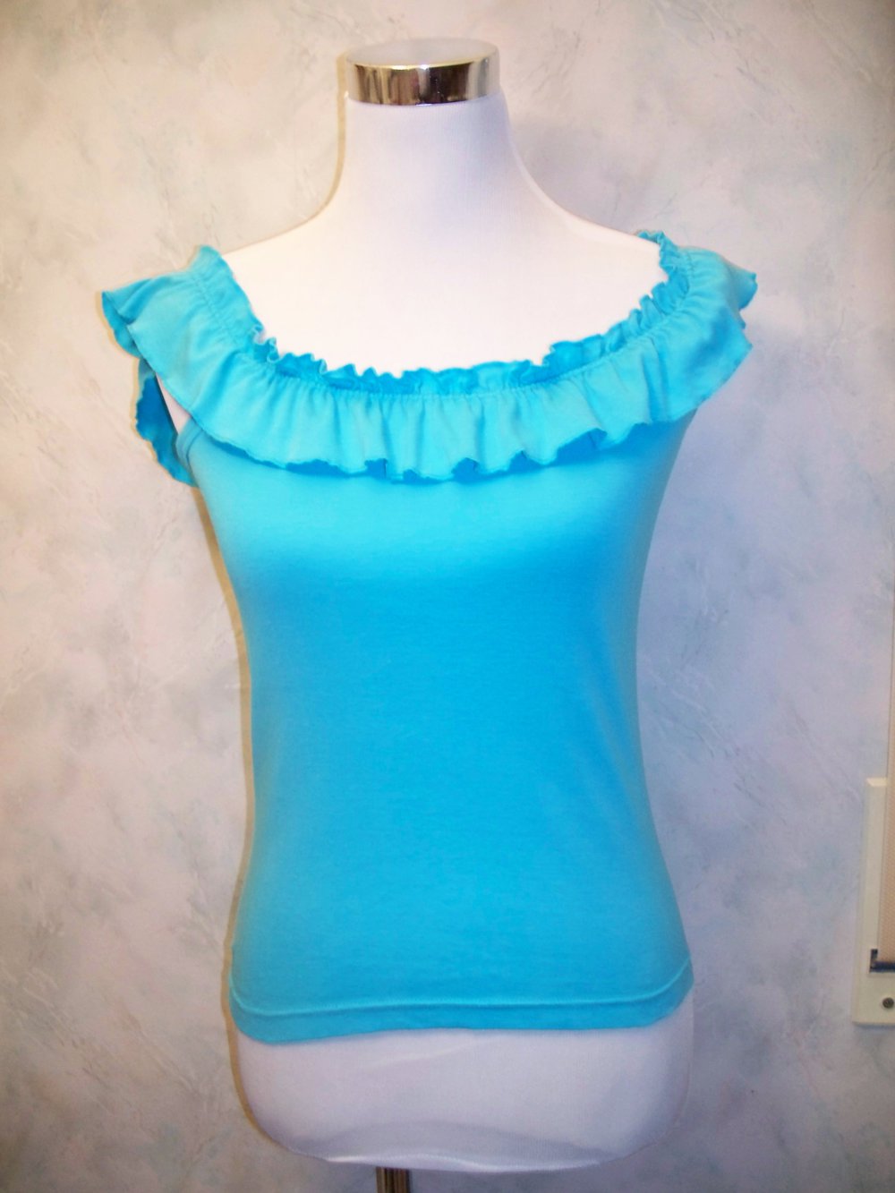 Top Shirt türkis schulterfrei off-shoulder mit Rüschen im Boho-Style Gr. 34/ 36