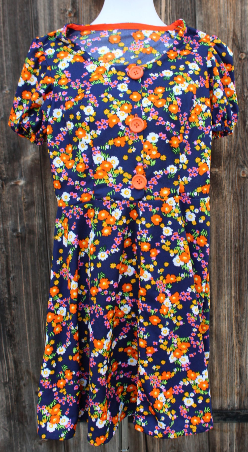 dunkelblaues True Vintagekleid mit Blumenmuster, DIY Unikat, ca. Größe 36