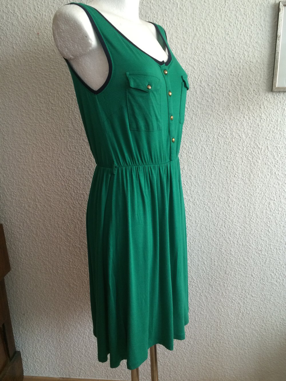 sepia Grün Jersey Sommer Träger Kleid mit Raffung & ausgestellt A Linie Stretch