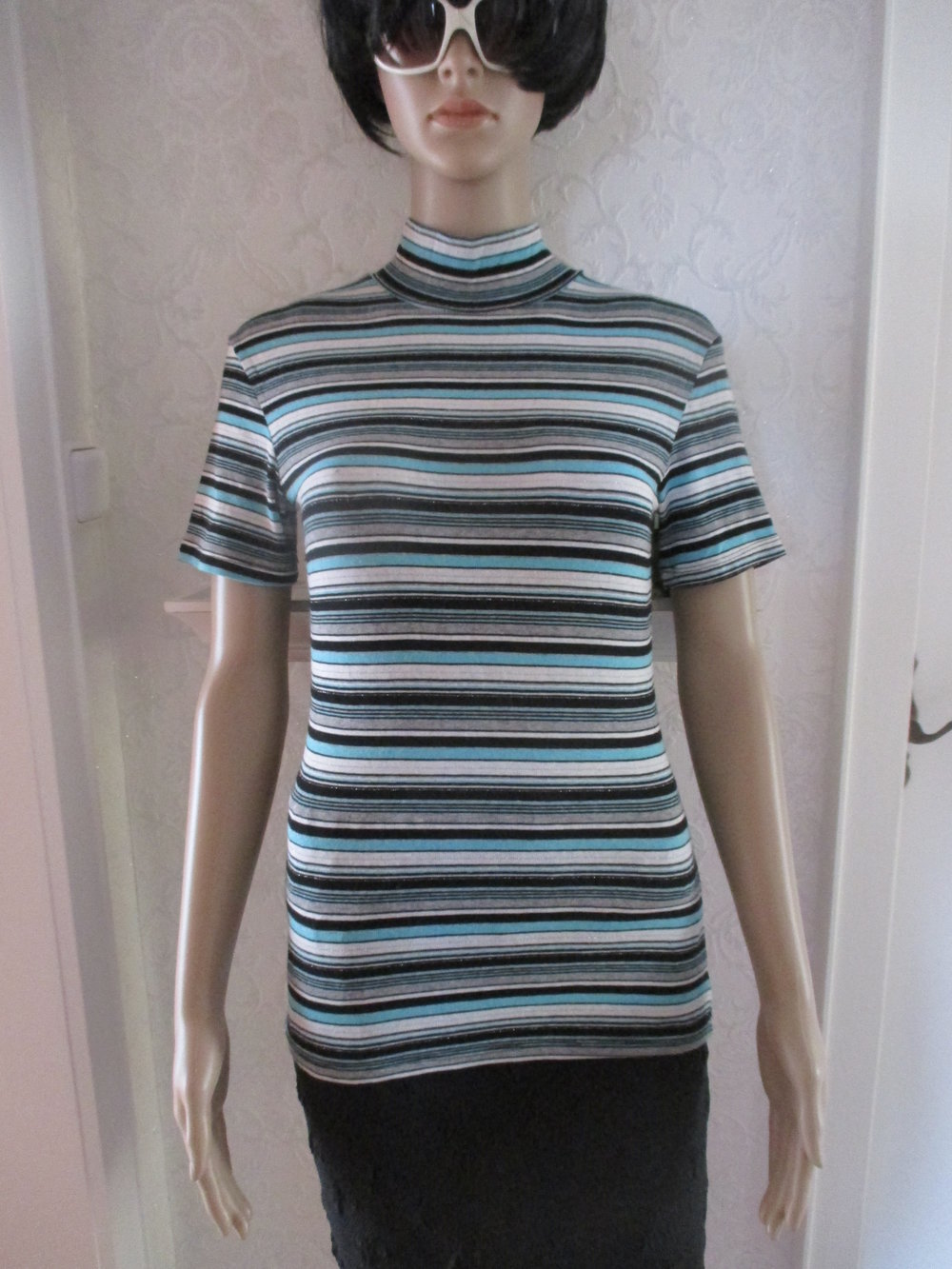 NEU * Glitzer- Lurex * DESIGNER * Kurzarm * Halbarm * Feinstrick * wie Rollkragen * Bodycon * Pullover * Gr. 36- 38/ S * schwarz * türkis * silber *