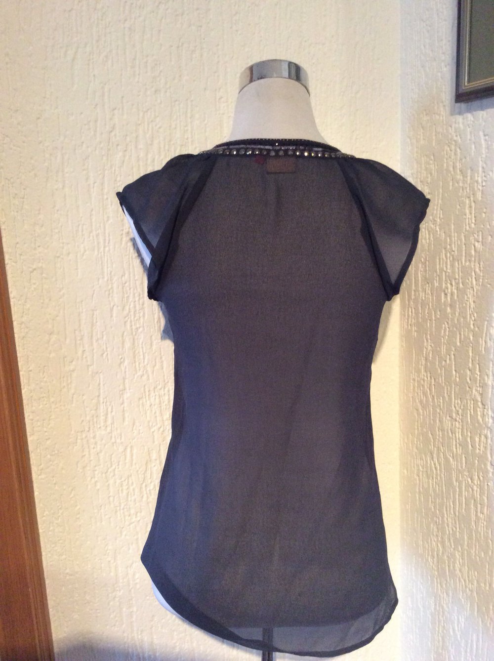 Only Bluse Größe 34 Damen blau transparent durchsichtig Pailletten 