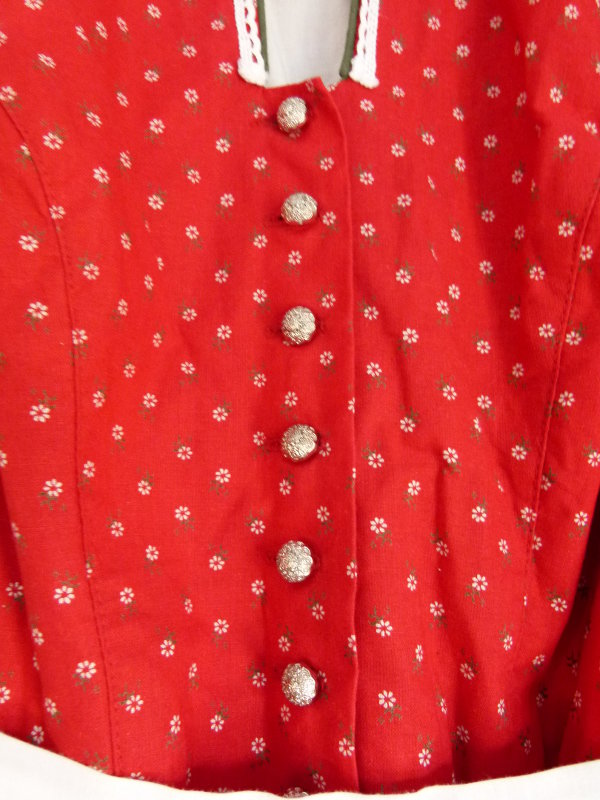 Vintage Dirndl mit Schürze, rot mit waldgrün weißem Blümchenmuster, Trachten Mori Landhaus Folklore Retro Cottagecore