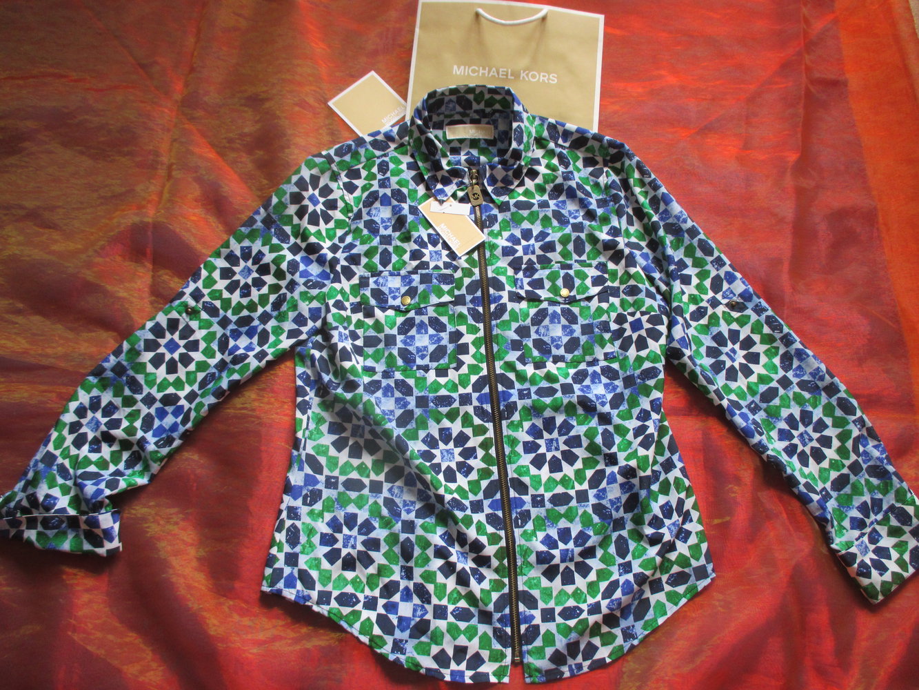 NEU mit ETIKETT Umwandelbare Kurz oder Langarm Boho Hippie Gold Zipper Blusen Jacke 