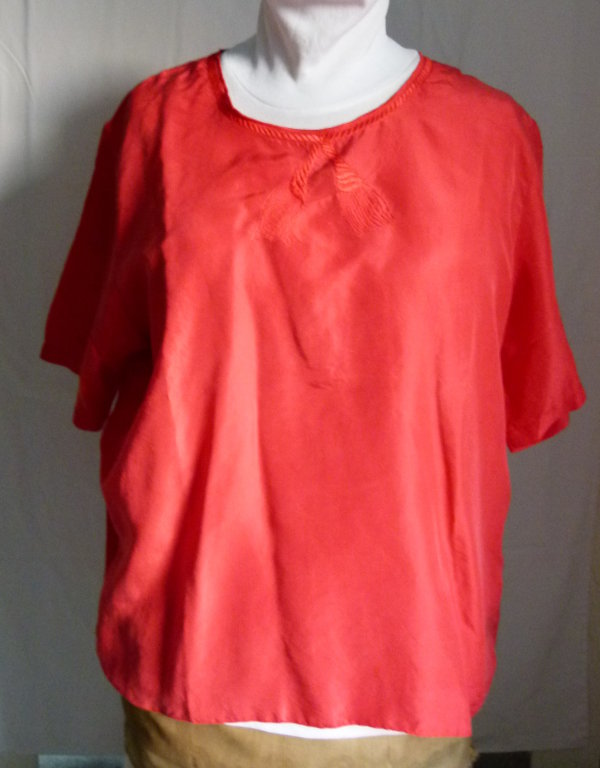 Seiden Bluse, mit Ton in Ton Stickerei, rot, Sommer Retro Goa Festival Strand Boho Cottagecore
