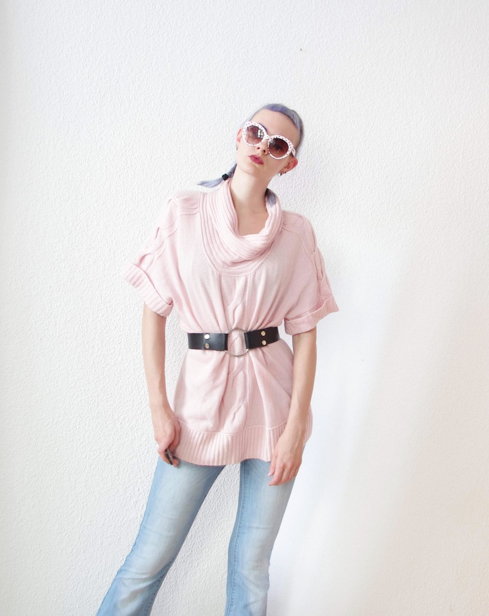 Oversized Merino Wollpullover Strick Gr. XL Longpulli Kurzarm