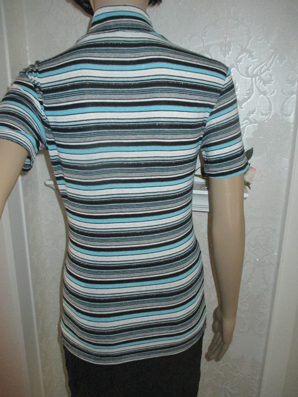 NEU * Glitzer- Lurex * DESIGNER * Kurzarm * Halbarm * Feinstrick * wie Rollkragen * Bodycon * Pullover * Gr. 36- 38/ S * schwarz * türkis * silber *