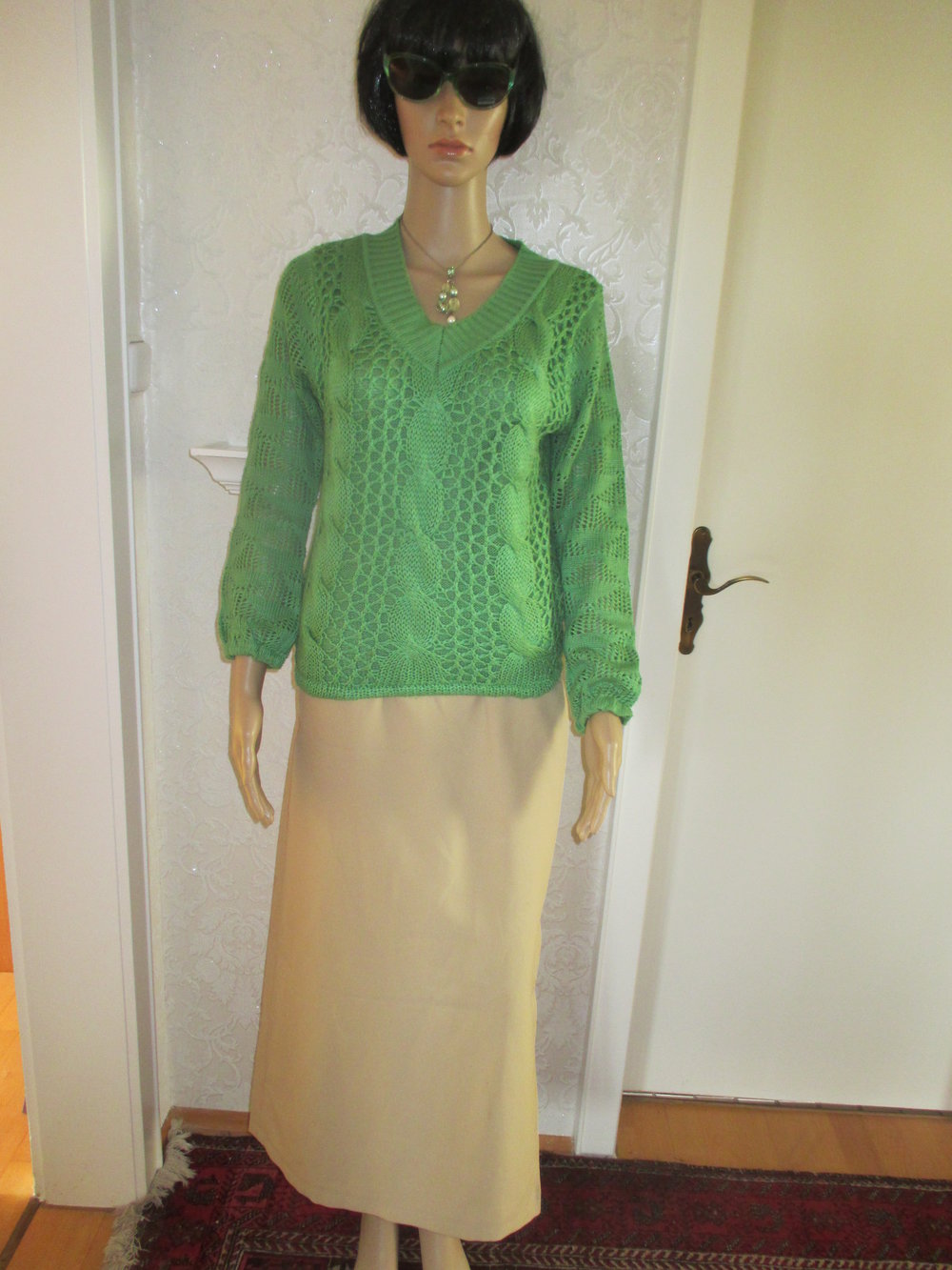 Original VINTAGE Wie selbst gestrickter Ajour Lace Out Grob Strick- Pullover  Gr. 36- 38/ S apfel- grün