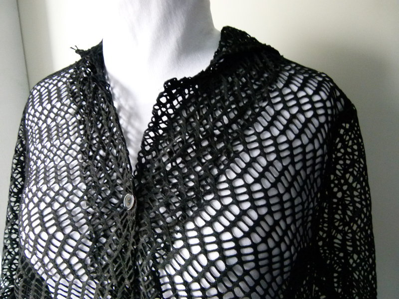 Long Kapuzen Bluse Jacke aus schwarzem Netzstoff, Gothic Boho Mori Emo Metal Alternative Grunge Lagenlook
